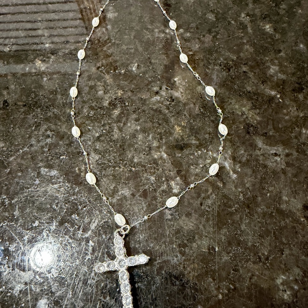 Dazzling Silver Cross Pearl Accent Necklace